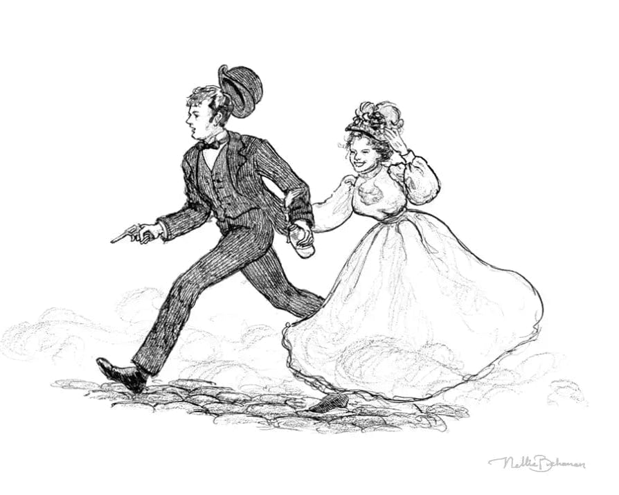 Victorian man and woman running for train