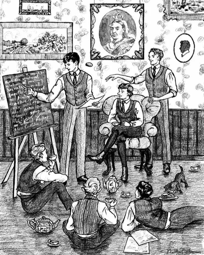 boys gathered in parlor for a debating club