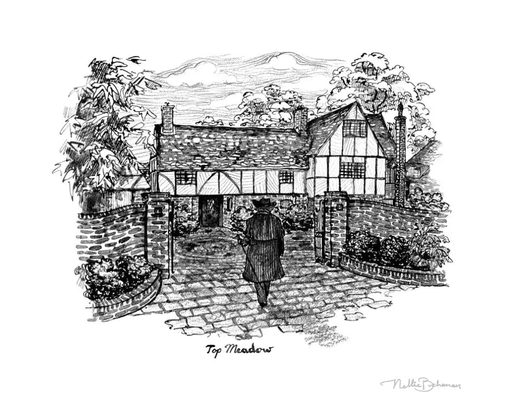 man walking into courtyard of old house