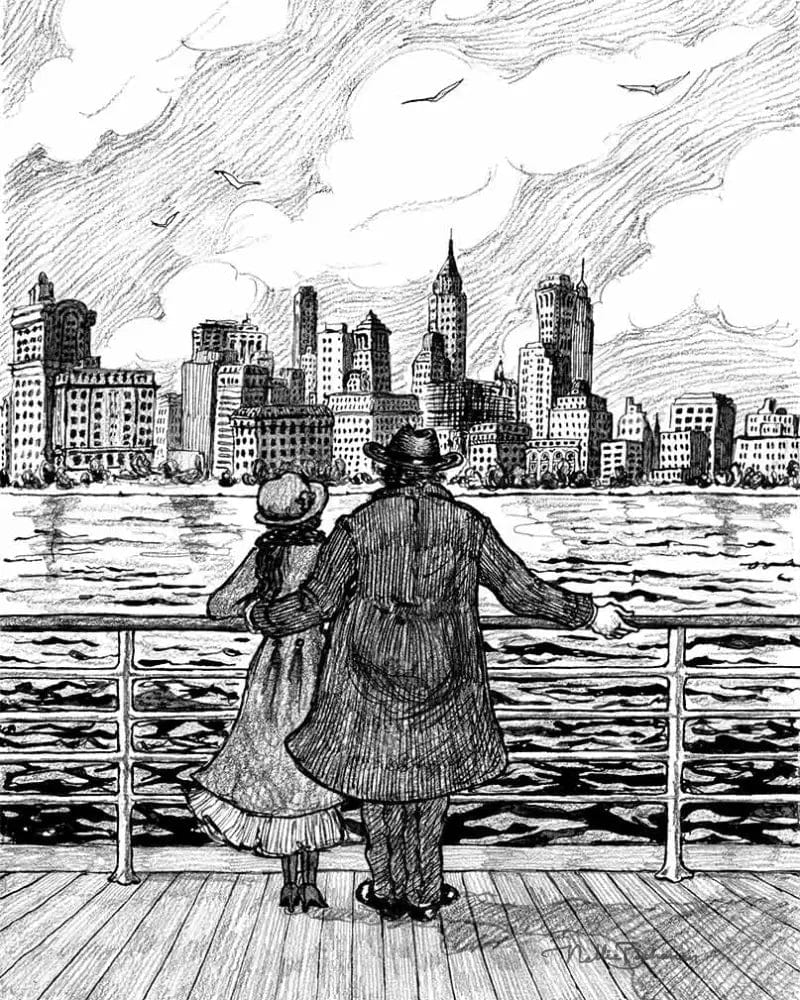 man and woman view New York skyline from a ship