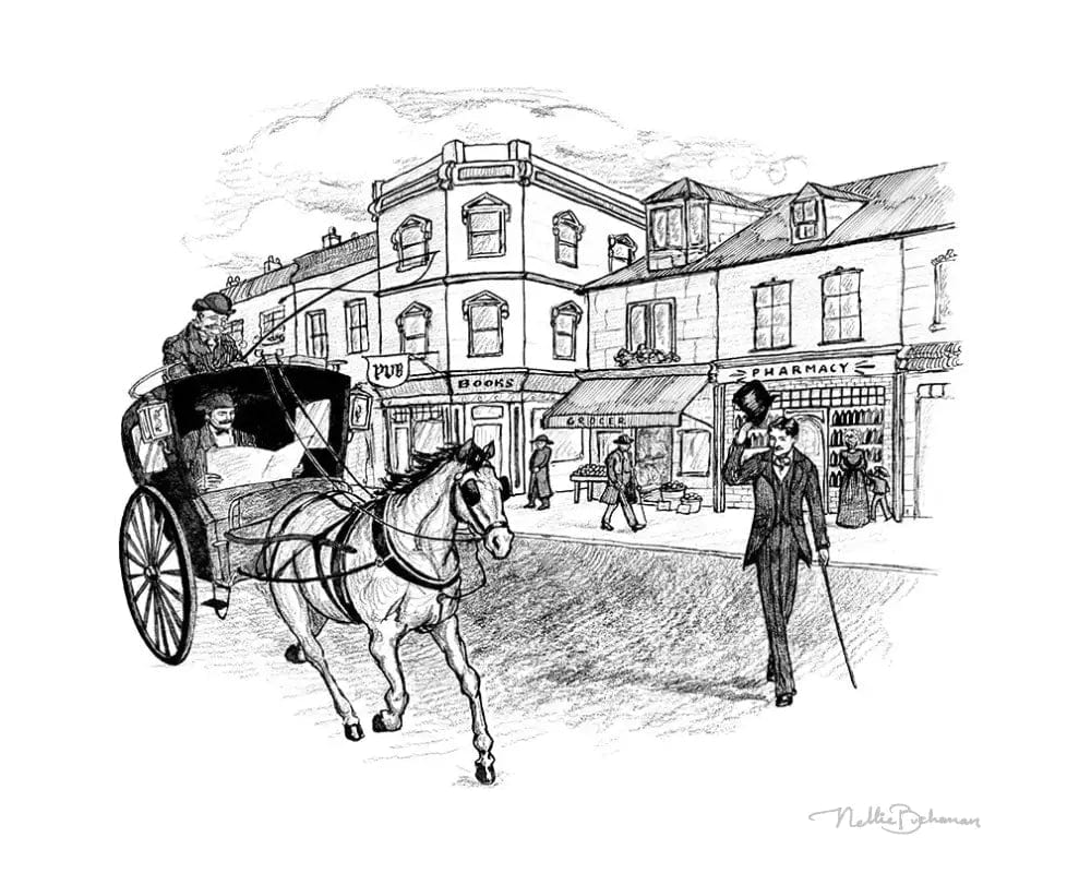 horse-drawn carriage drives through English street