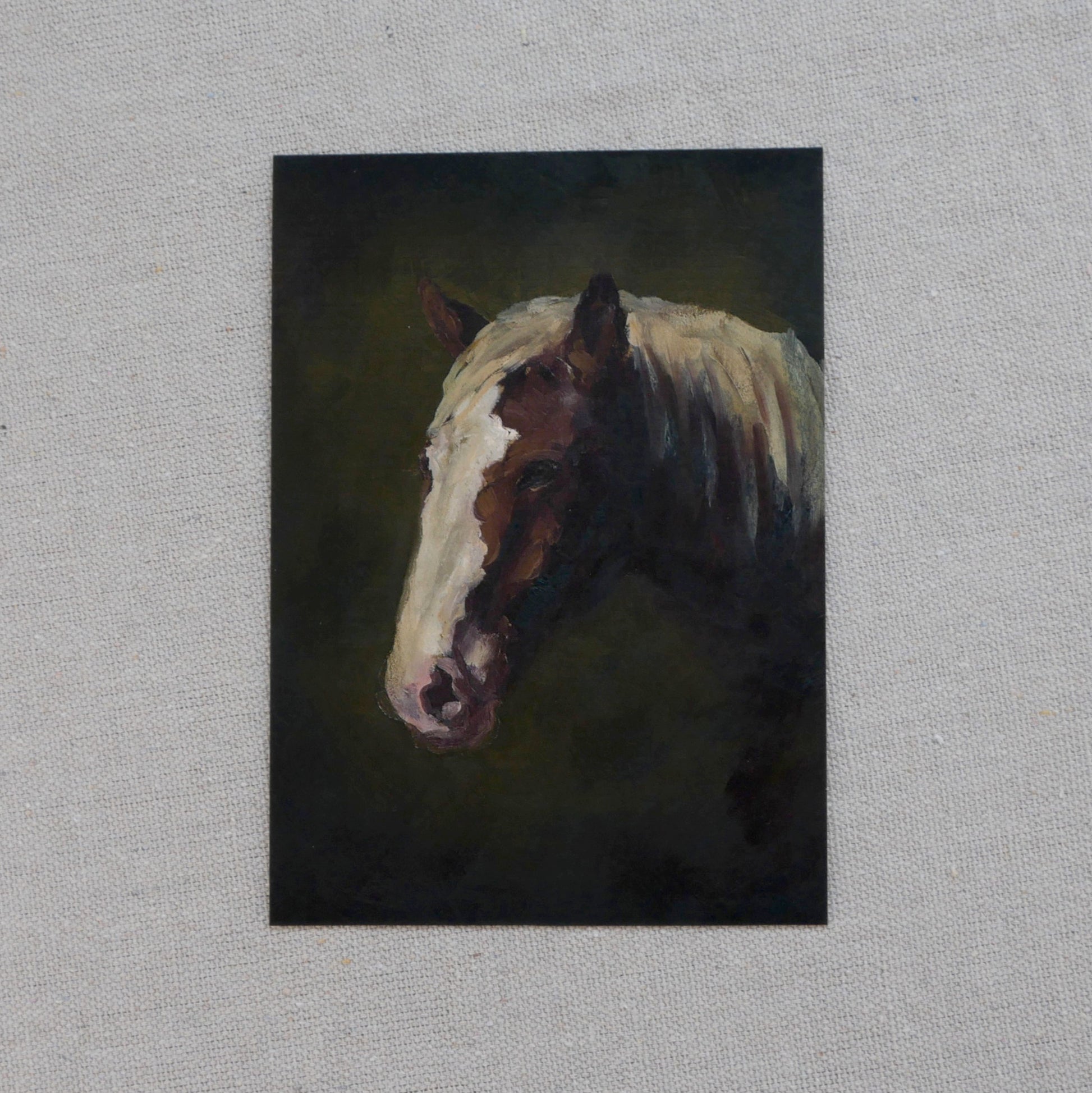 an oil painting of the head of a horse with a dark green background