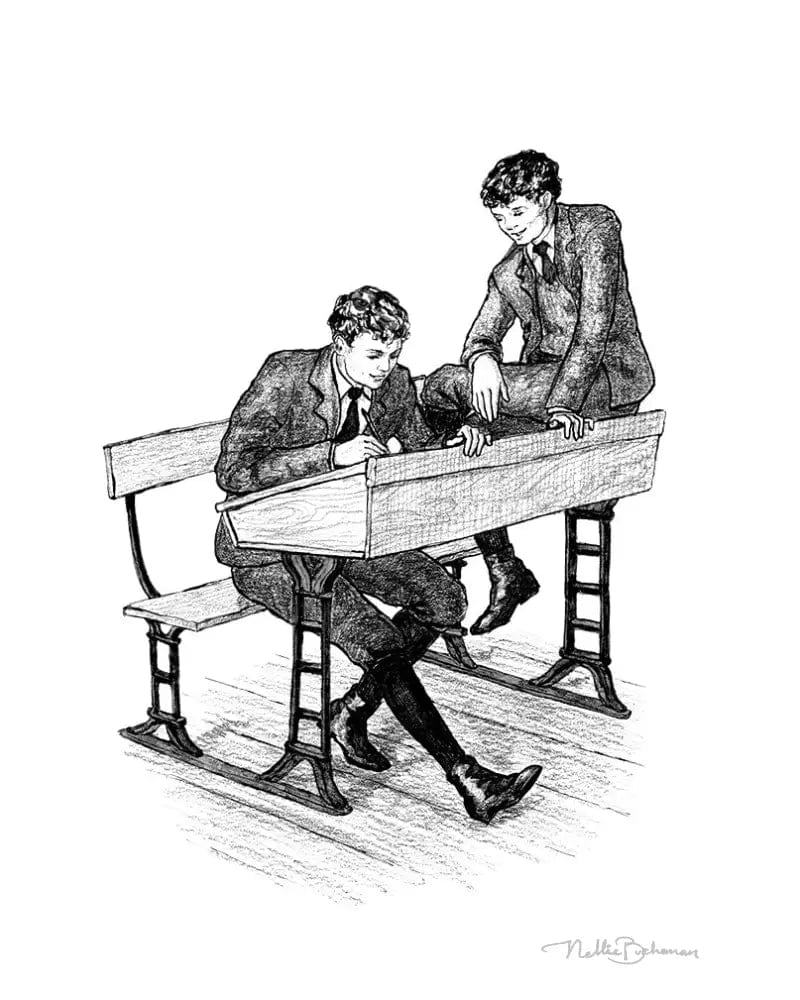 two English school boys at a school desk