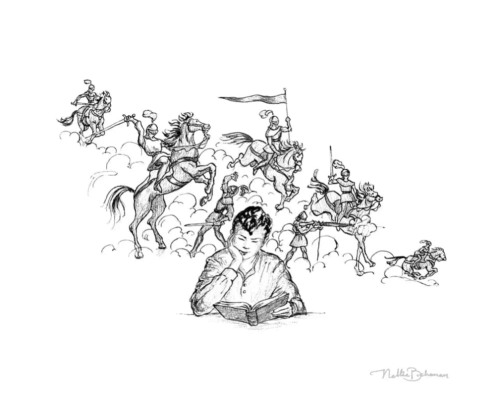 boy reading a book with knights on horses riding behind him