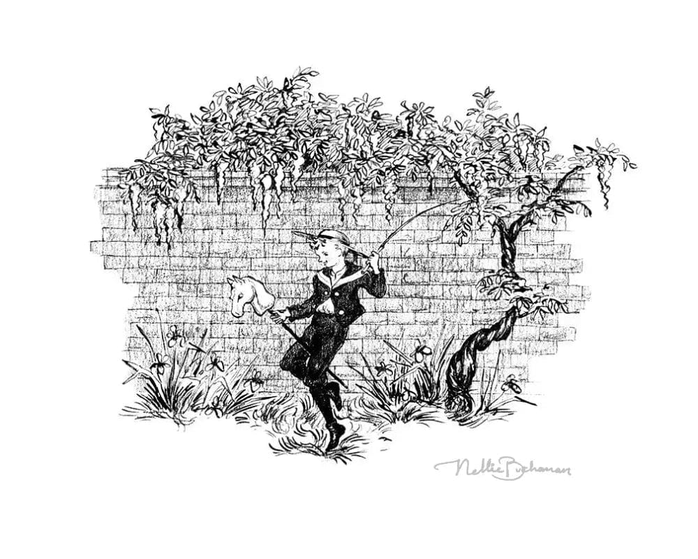 young boy plays in courtyard with stick and hobby horse