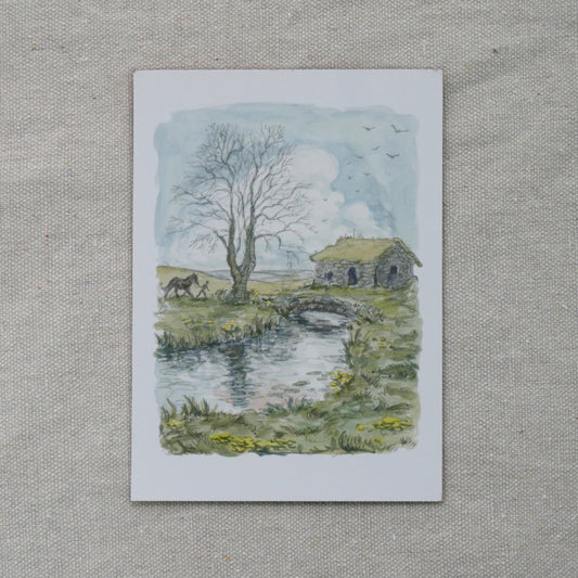 a watercolor painting of a cottage and a horse